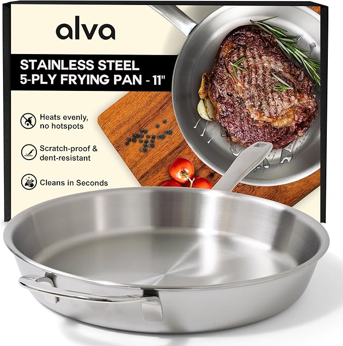 Alva Maestro 5-Ply Stainless Steel Frying Pan 11″ – Non-Toxic, Made without PFAS/PFOA/PTFE – Pro-Level Heat Control for No Hotspots, Induction & Oven Safe, Works on All Stovetops, Perfect Searing