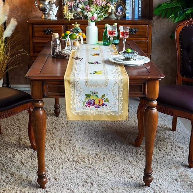 SUTAVIA Lace Embroidered Table Cloth,Rectangular Farmhouse TableCover,Classic Oblong Antique Flower Decor Macrame Tablecloth (Yellow, 14x48 Inch)