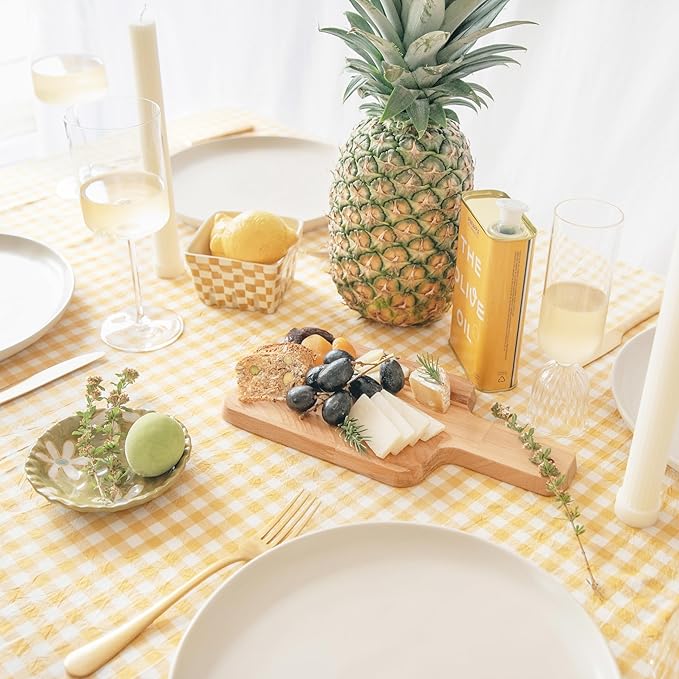 MONDAY MOOSE Gingham Checkered Farmhouse Rustic Picnic Style Decoration Rectangle Natural Stonewashed Cotton Tablecloth for Kitchen, Dining Room, Restaurant (60x86 inch, Yellow/Beige)
