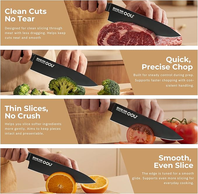 OOU® Black Blade 8 Inch Chef Knife with AgShield™ & Cerablack™ Technology, Rust-Resistant & Easy-Clean Finish, High Carbon Stainless Steel for Meat & Vegetables