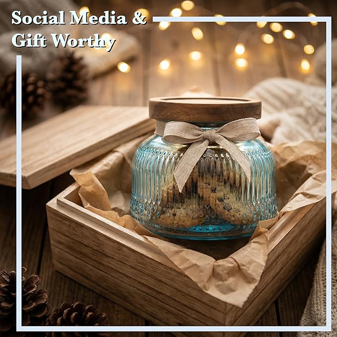 Decorative Blue Glass Jar with Airtight Wooden Lid 40 oz, Wide Mouth Vintage Kitchen Food Storage Container for Cookie Candy Honey Flour Spice Coffee Tea, Home Decor Sand Candle Holder Vase