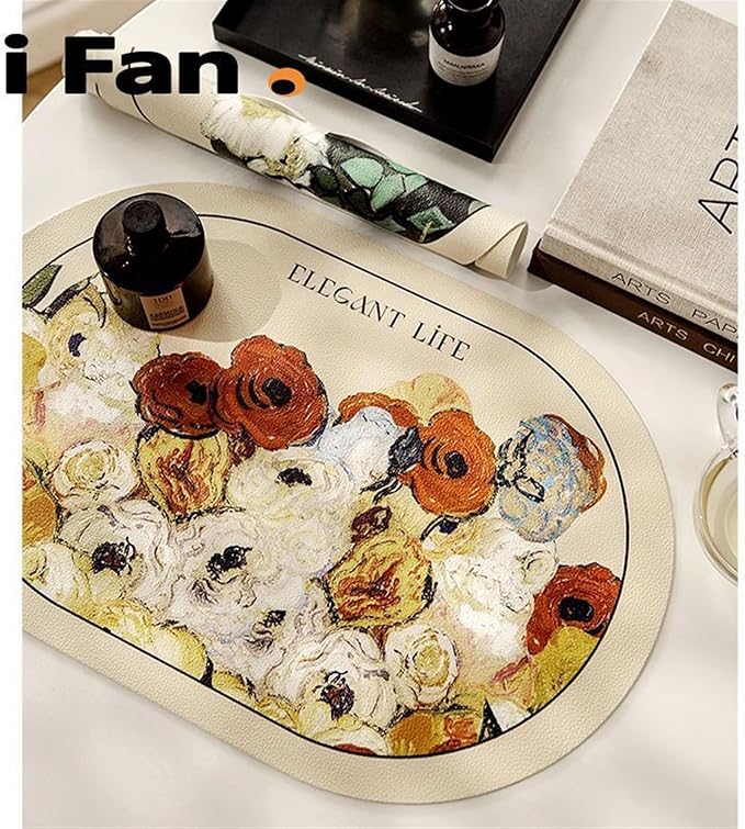 Oval Leather Placemat Pink Flower Table Mat Waterproof Anti-Oil Placemats Heat Insulation Plate Bowl Pad Dining Room Decor(B)