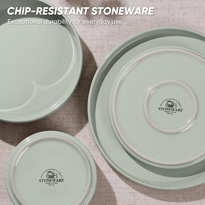 E-far 16-Piece Plates and Bowls Sets - Stoneware Dinnerware Sets with Pasta Bowls for 4 | Microwave & Dishwasher Safe Kitchen Modern Dish Set, Speckled Green