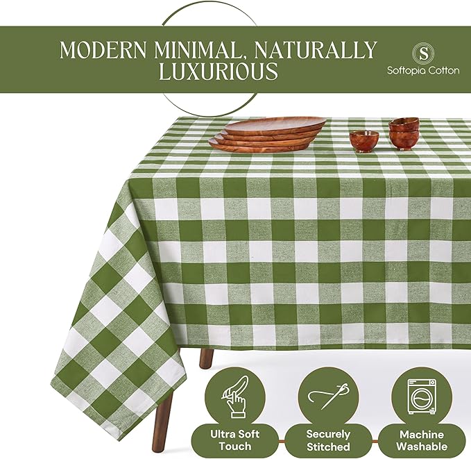 Mint Green and White Buffalo Check Tablecloth, 60x102 Inches, Plaid Table Cover, 100% Cotton, Washable, Reusable Farmhouse Tablecloth for Holidays, Parties, Weddings, Everyday Use