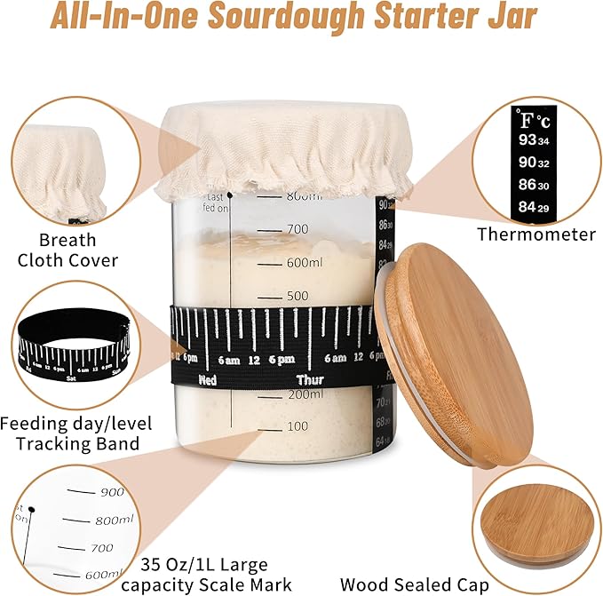 Pro Sourdough Starter Jar Kit- 35 Oz Large Sourdough Starter Glass Jar with Date Marked Feeding Band,Thermometer,Spatula,Cloth Cover& Lid for Sour Dough Bread Loaf
