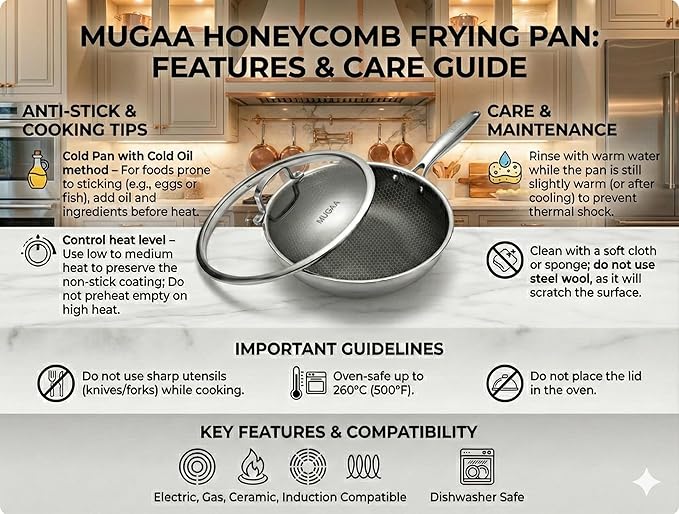 Stainless Steel Frying Pan Set, Sartenes de Acero Inoxidable 3-Piece Honeycomb Nonstick Skillets 8", 10", 12" With Lids, Spatula, Oven & Induction Compatible, Dishwasher Safe Pan Set