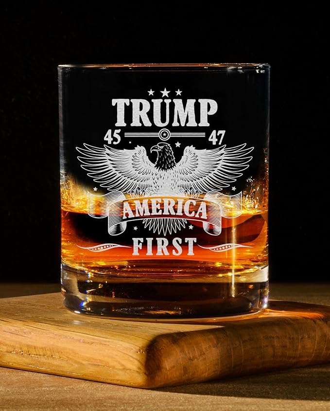 Donald Trump America First Whiskey Glass - Laser Engraved 11oz Old Fashioned Glass, Political Gift for Men, MAGA Merch, Right-Wing Collectible