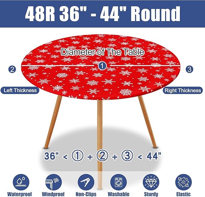 Round Spandex Christmas Tablecloth, Elastic Fitted Waterproof Tablecloths for 36"-44" Tables, Stretch Washable Picnic Table Cover for Christmas Dinner, Dot Snowflake