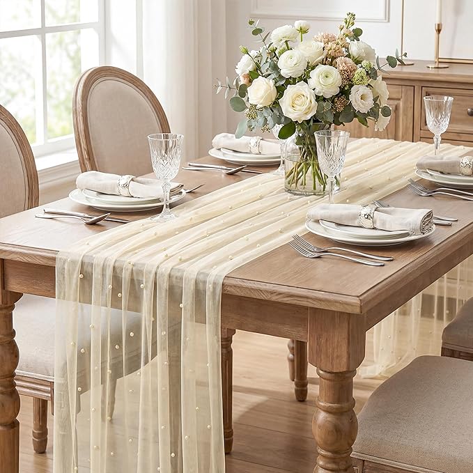 Artoid Mode Pearl Champine Gauze Table Runner 120 Inch 10FT, Seasonal Sheer Dining Holiday Wedding Birthday Baby Shower Table Decor for Home Party