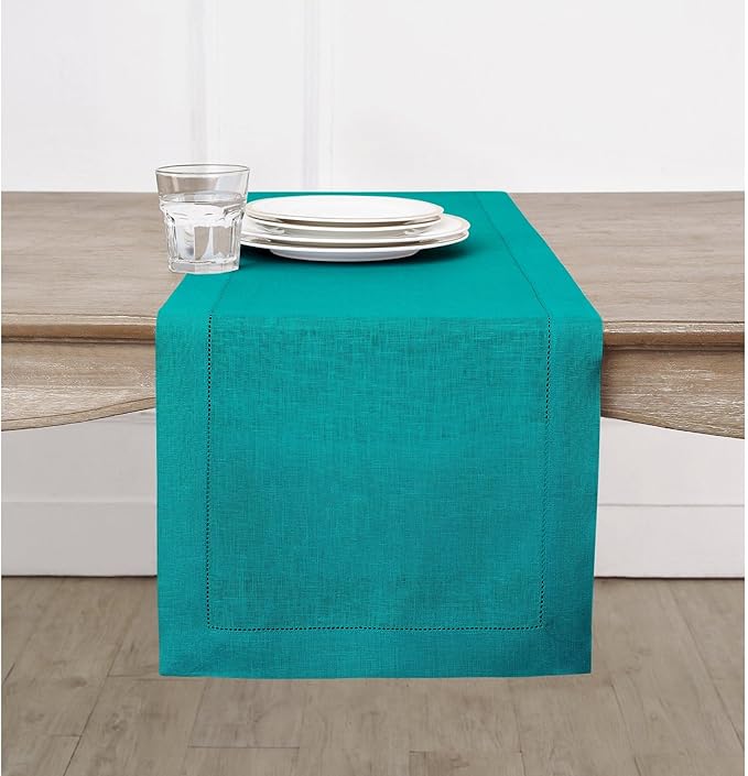 Solino Home Linen Teal Table Runner 108 Inches Long - 100% Pure Linen Hemstitch 14 x 108 Inch Table Runner for Dining - Classic Hemstitch
