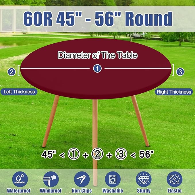 Round Spandex Tablecloth, Elastic Fitted Waterproof Tablecloths for 45"-56" Tables, Stretch Washable Picnic Table Cover for Camping, Dining, Indoor and Outdoor, Wine Red