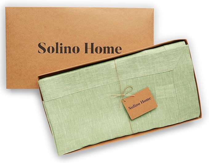 Solino Home Linen Tablecloth 60 x 108 Inch - 100% Pure Linen Chambray Green Table Cloth for Rectangular Tables - Athena, Machine Washable Cloth Tablecloth for Spring, St Patricks Day, Easter