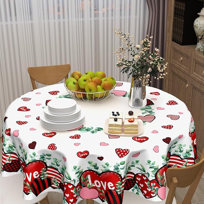 Valentines Day Round Tablecloth 60 Inch Red and Pink Hearts Eucalyptus Circle Table Cloth Valentine Holiday Table Cover for Party Kitchen Dinner Home Decor