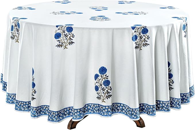 Ridhi Block Print Round Lapis Blue Reusable Tablecloth 100% Cotton 60" Inch Decorative Table Cover eveyday Dining, Home, Party, Wedding, Farmhouse Gift for Spring, Easter, Valentine