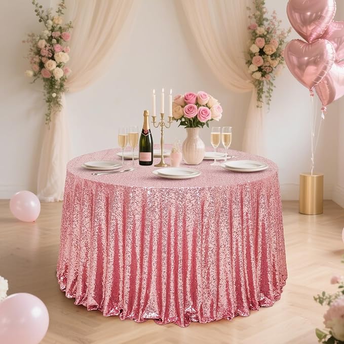 Eternal Beauty Fuchsia Pink Tablecloth, 120 Inch Round Sequin Tablecloth for Valentines Party Cake Dessert Table Exhibition Events