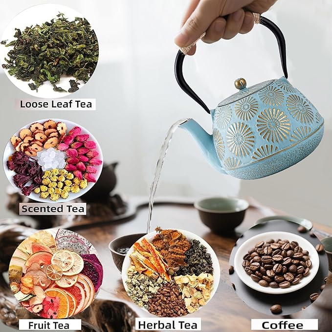 Japanese Tetsubin Cast Iron Teapot, 40oz (1200ml) Enamel-Coated Stovetop Kettle with Stainless Steel Infuser & Heat-Resistant Handle, Traditional Iron Pot for Tea Ceremony (blue and gold)