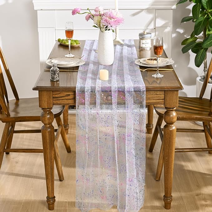 Artoid Mode Colorful Gold Gauze Table Runner 120 Inch 10FT, Glitter Metallic Foil Sheer Dining Wedding Anniversary Holiday Birthday Table Decor for Home Party