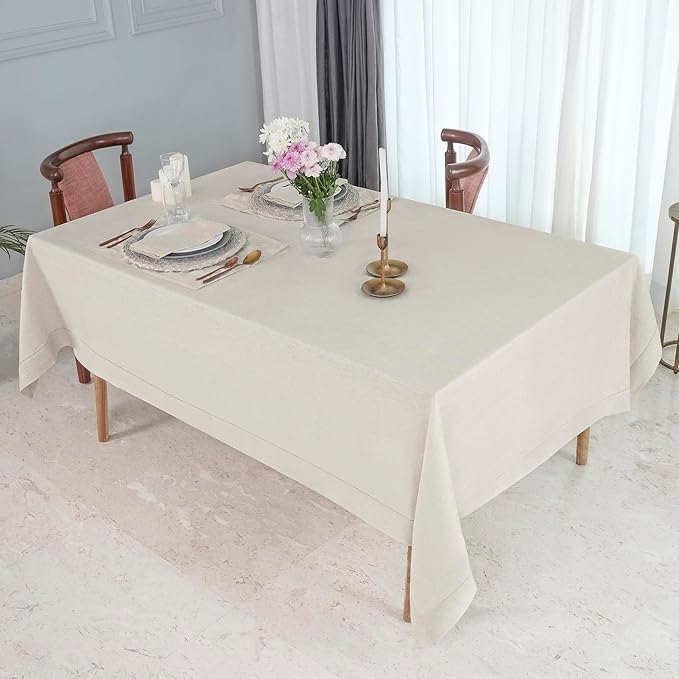 D'Moksha Homes Light Natural Linen Tablecloth for Rectangle Tables 60 x 90 Inch - 100% Pure Linen Natural Table Cloth - Classic Hemstitch, Machine Washable Tablecloth for Valentines, Spring, Easter