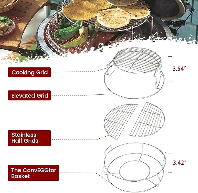 5 Piece Expander Rack for Big Green Egg Medium Replacement Kit Grill Racks for Eggspander Conveggtor Basket 304 Stainless Steel with Removable Cooking System BGE Accessories