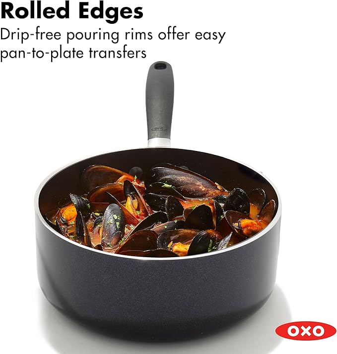 OXO 1.6QT Non-Stick Every Day Sauce Pan with Glass Lid, BPA-Free Comfort Grip Silicone Handle, Dishwasher & Oven Safe, PFAS-Free Ceramic Skillets, Sauce & Soup Chef Pot, Drip-Free, Black