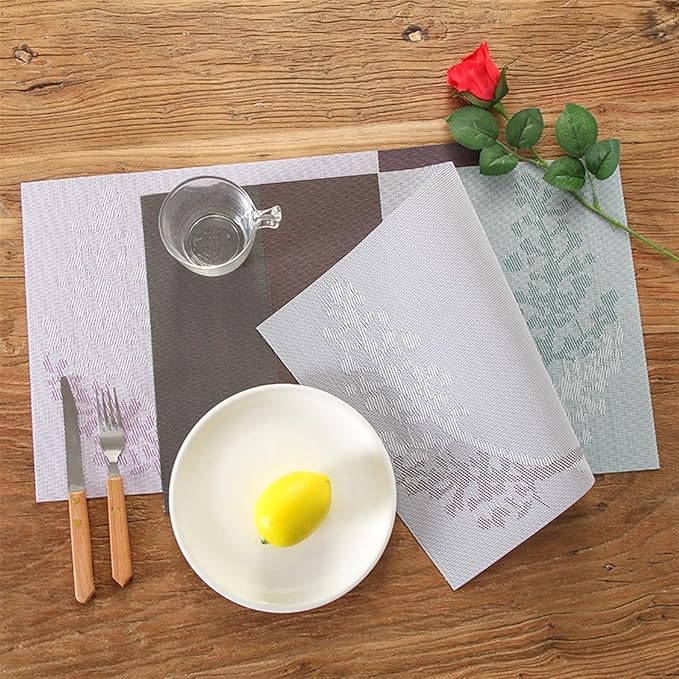 Non-Slip Placemats Heat- Stain for Kitchen Table Washable PVC Table Mat Woven Placemat(Tree Grey,30X45CM_4PCS Set)