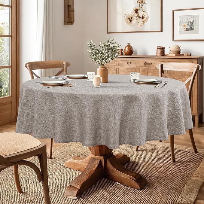 JIUZHEN Faux Linen Round Tablecloths 102 inch, Decorative Wrinkle Free Texture Rustic Circle Table Cloth Cover for Kitchen, Dining, Party, Wedding, Outdoor Use (102 Inch Round,Stone)