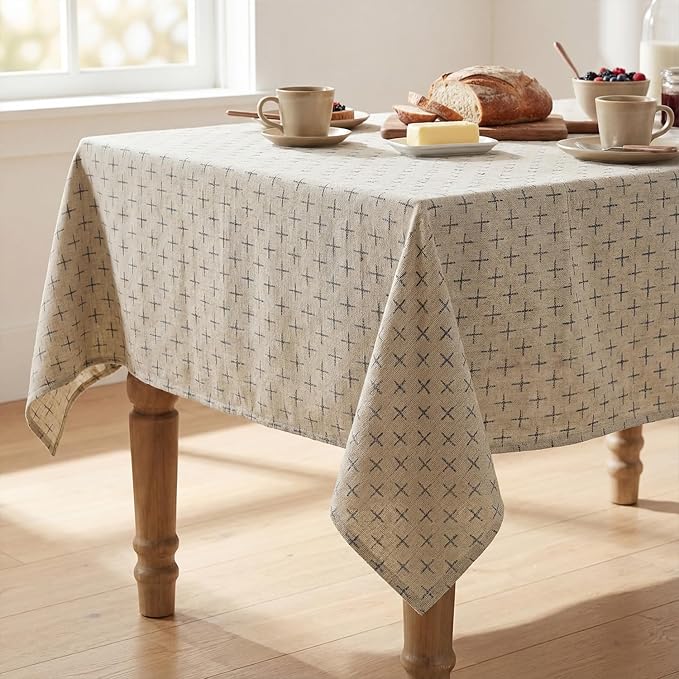 Horaldaily Beige Rectangular Table Cloth, Cross-Star Solid Textured Embroidery Tablecloth, Wrinkle Free Washable 52×70 Inch Table Cover for Kitchen, Party, Wedding, Picnic, Outdoor