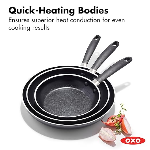 OXO Non-Stick Every Day Frying Pan Set, BPA-Free Comfort Grip Silicone Handles, Dishwasher & Oven Safe, PFAS-Free Ceramic Skillets, Black, 8”, 10” & 12”