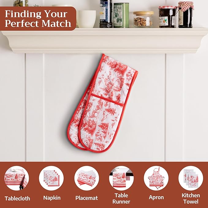 Maison d' Hermine Double Oven Mitt (7" x 35") 100% Cotton Heat Resistant BBQ Cooking Gloves with Loop for Thanksgiving Christmas Decorations Baking Cooking Barbeque Handling Hot Pan (Winter Jouy)