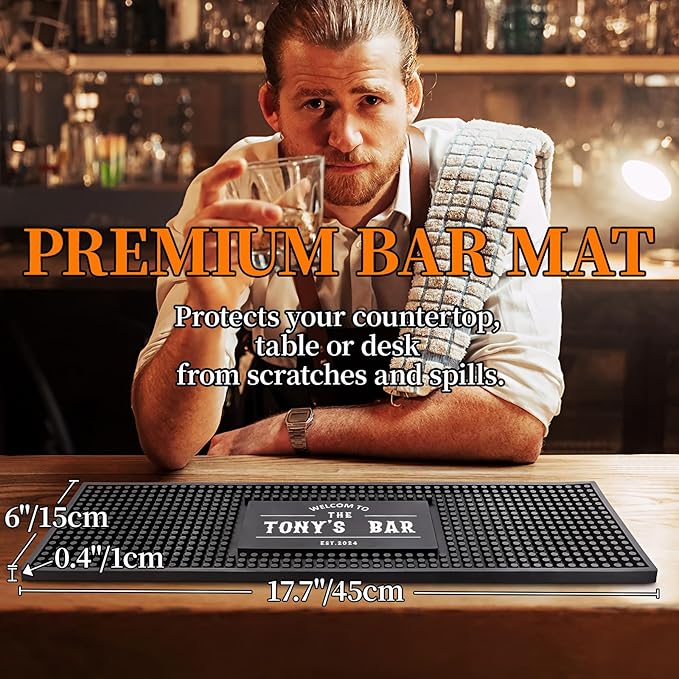 Personalized Bar Mat, Custom Bar Name, Drink Coaster with Text, Rubber Bar Mat for Countertop, Custom Decor, Suitable for Coffee Bar Home Kitchen Camping, Gifts for Cocktail Lover Bartender Newlywed
