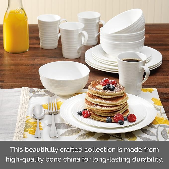 Mikasa Ciara 16 Piece Bone China Dinnerware Set, Service for 4, Lightweight and Durable Plates Bowls and Mugs, Elegant White Dinnerware for Everyday Use