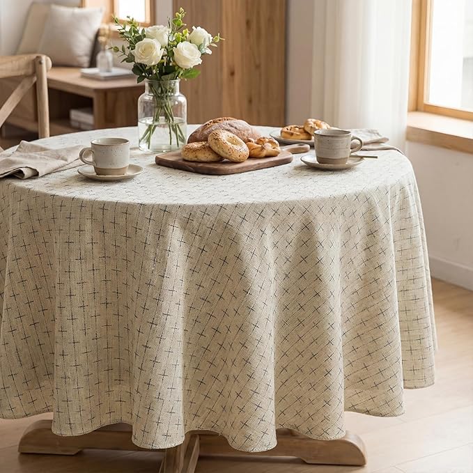 Horaldaily Beige Round Table Cloth, Cross-Star Solid Textured Embroidery Tablecloth, Wrinkle Free Washable 60×60 Inch Table Cover for Kitchen, Party, Wedding, Picnic, Outdoor