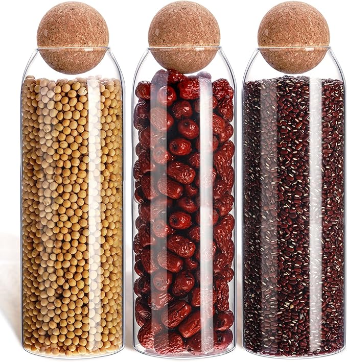 3 Pcs Glass Jar with Ball Cork Lid Decorative Round Bottle Sealed Canister Jar Storage Container Organizer with Airtight Seal Wooden Lid for Food Coffee Bean Candy Biscuits Spice(1300 ML/ 44 Oz)