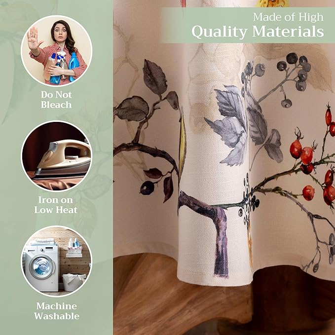 Maison d' Hermine Table Cloth Round Table 100% Cotton 69 Inches Fall Tablecloth Reusable Everyday Use for Thanksgiving Christmas Decorations Dining Farmhouse Party (Equinoxe - Beige)