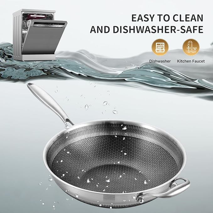 LOLYKITCH New Hybird 12 Inch Tri-Ply Stainless Steel Wok Pan with Lid,Ceramic Nonstick Stir Fry Pans,Induction Cooking Pan,Dishwasher and Oven Safe