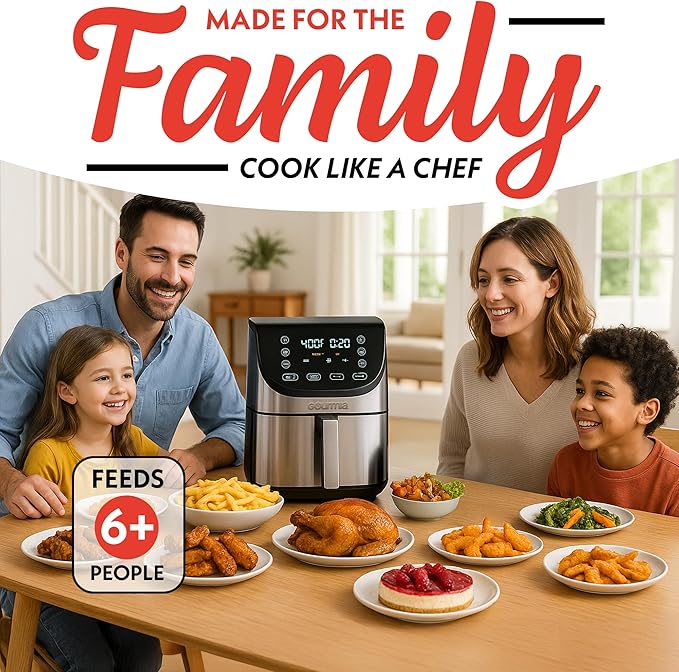 Gourmia Air Fryer - 8 Qt Extra Large Capacity, FryForce360º, Digital Display with 12 Presets, Roast, Bake, Broil, Dehydrate, Dishwasher Safe Accessories, Stainless Steel