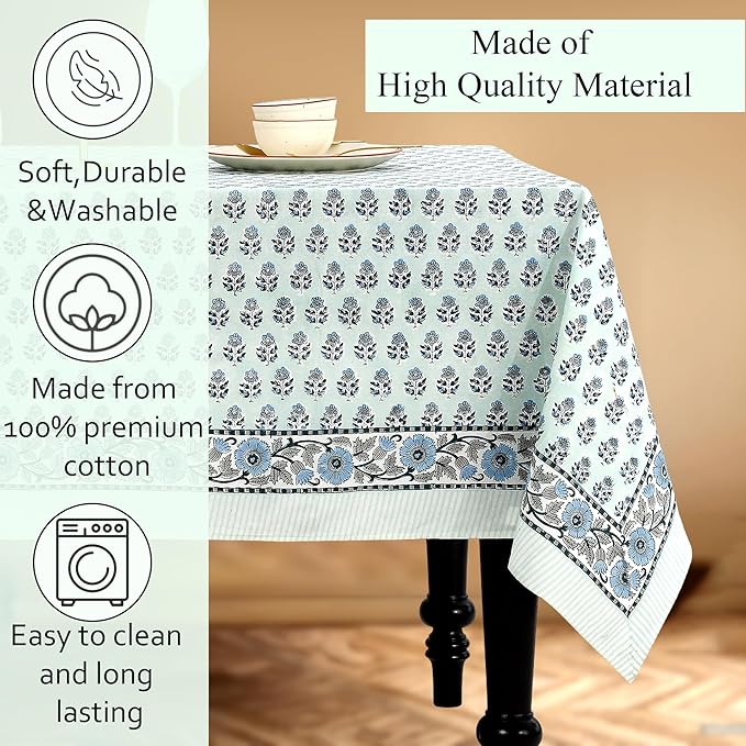 CPC Tablecloth 100% Cotton 72x140 Inch Indian Block Print Rectangle Table Cover, Washable Table Cloth for Weddings, Spring/Summer, Barbeque - Poppy Blue