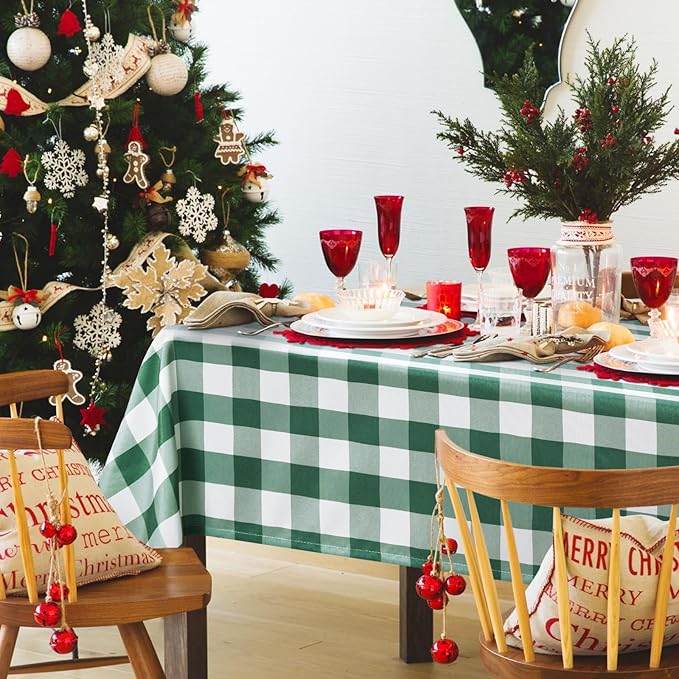 Hiasan 60 x 84 Inch Checkered Tablecloth Rectangle - Waterproof and Wrinkle Resistant Table Cloth for Picnic, Dinner and Christmas, Washable Polyester Fabric, Forest Green and White Gingham Pattern