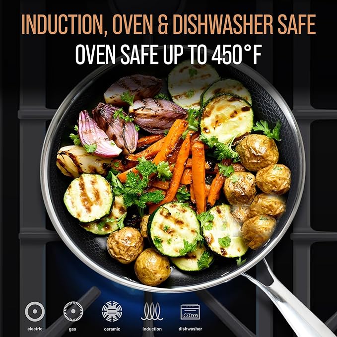 12” Non-Stick Stainless Steel Frying Pan with Lid | Honeycomb Hybrid Skillet for Induction, Gas & Electric Stovetops | Oven Safe, Dishwasher Safe | Premium Gift Packaging
