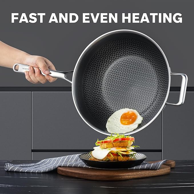 Hybrid 12-Inch Wok with Lid,Nonstick Stainless Steel Woks & Stir-fry pans,Wok Pan,PFAS PFOA PTFE Free,Dishwasher-Friendly,Oven-Safe Up to 600°F,Compatible with All Cooktops