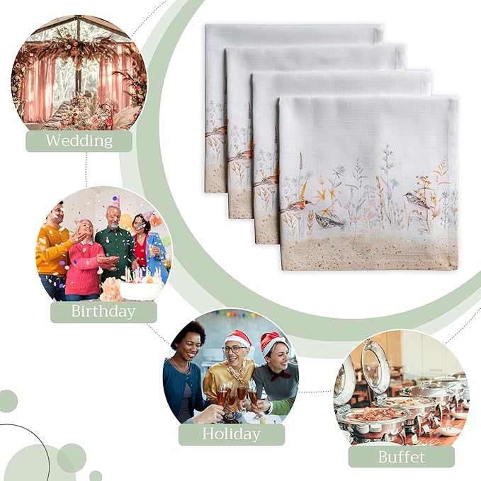 Maison d' Hermine Cloth Napkins Set of 4 100% Cotton Everyday Reusable Square Napkins Cloth Washable Dinner Wedding Valentines Day Decorations Spring/Summer (Meadow Florals - Beige, 20" x 20")