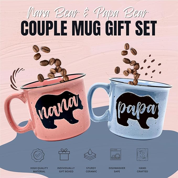 Nana and Papa Bear Cute 15 oz Coffee Mug for Grandma, Grandmother - Grandma and Grandpa Gifts, Mother's Day, Father's Day, Christmas, Birthday (Nana Bear Coral and Papa Bear Light Blue Gift Set)