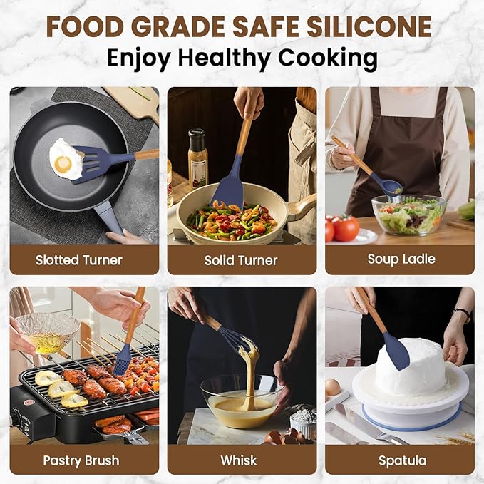 Kitchen Utensils Set - Silicone Cooking Utensils Set - 12 Pcs for Cooking, Spatula,Turner, Spoon, Brush, Useful Pots and Pans Accessories, Kitchen Gadgets for Non-Stick Cookware BPA FREE