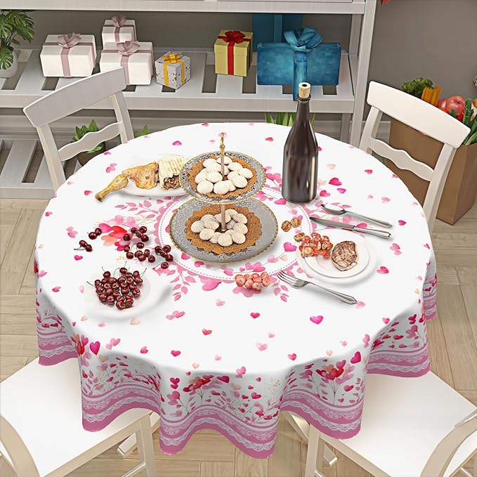 Valentine Round Tablecloth 70 Inch Pink Love Heart Floral Plants Circle Table Cloth Seasonal Holiday Valentine's Day Table Cover for Party Kitchen Dinner Home Decor