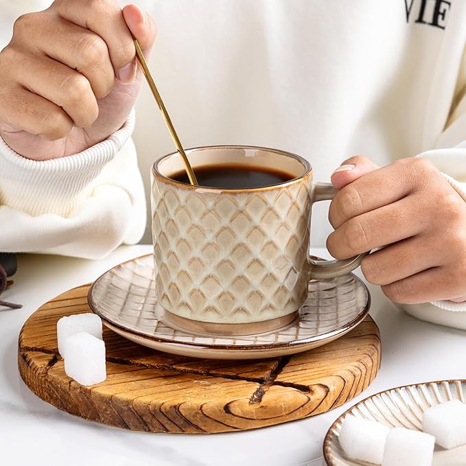 GBhome 6OZ Stackable Coffee Mugs with Stand and Saucer, Ceramic Coffee Mugs Set of 4 with Texture Patterns for Man,Woman,Dad,Mom, Modern Coffee Cups for Latte/Espresso. Dishwasher&Microwave Safe