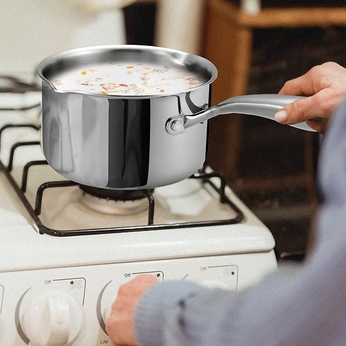 Cyrosa 3.5 Quart Stainless Steel Saucepan with Strainer Lid, Sauce Pot Sauce Pan for Stove Top, Two Side Spouts for Easy Pour, Dishwasher Safe