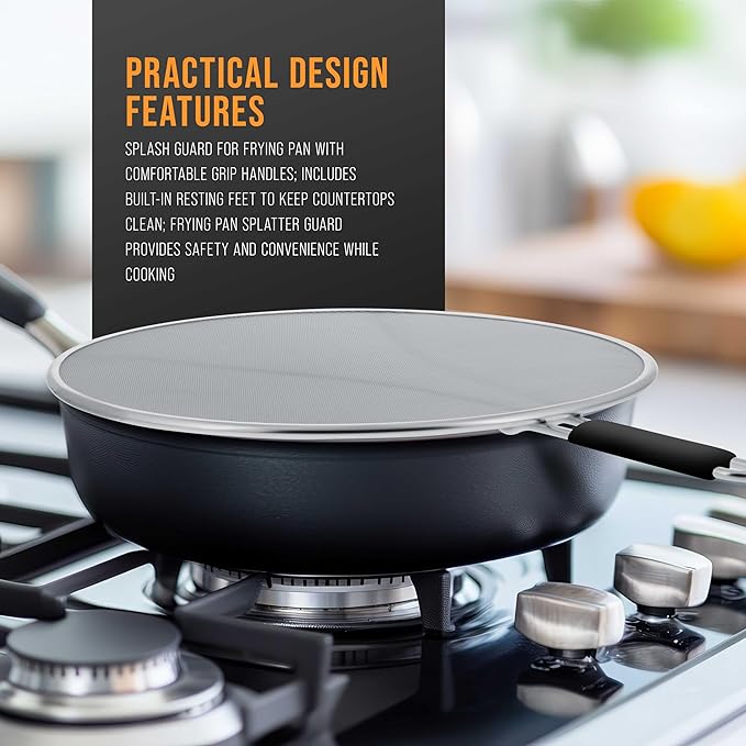 U.S. Kitchen Supply Stainless Steel Splatter Guard 13" Fine Mesh Cover, Grease & Oil, Splatter Screen for Frying Pan, Cooking Pots, with Resting Feet & Comfort Grip Handle