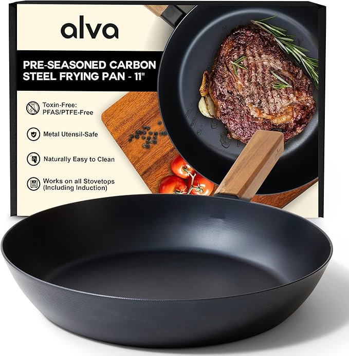 Alva Forest 11" Carbon Steel Frying Pan – Naturally Nonstick, Pre-Seasoned, with Acacia Wood Handle, Made Without PTFE, PFOA, PFAS – Sustainable Belgian Design, Induction & All-Stovetop Safe