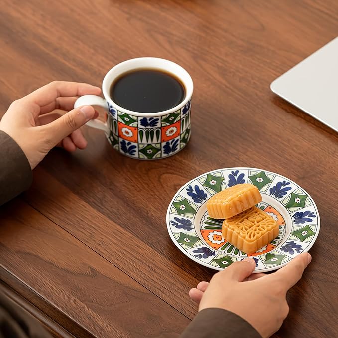 Ceramic Coffee Mug with Saucer 10 OZ Turkish Iznik Green Red Blue Flower Porcelain Coffee Cup Set for Home Office Women Men Gifts CM06