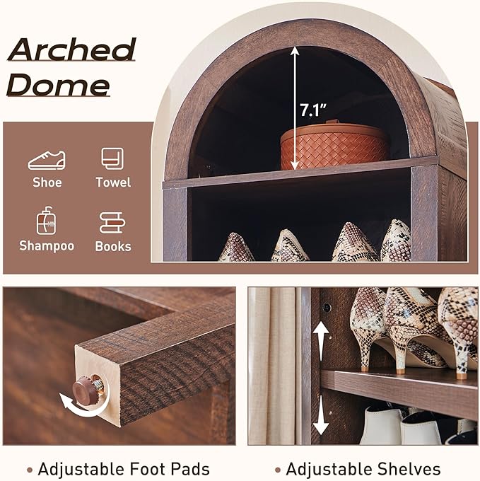 71" Tall Arched Bookshelf, 8 Tiers Arch Bookcase with Storage, Modern Farmhouse Book Shelf with Adjustable Shelves, Wood Bookshelf w/Open Display Shelves for Living Room, Office (Brown)